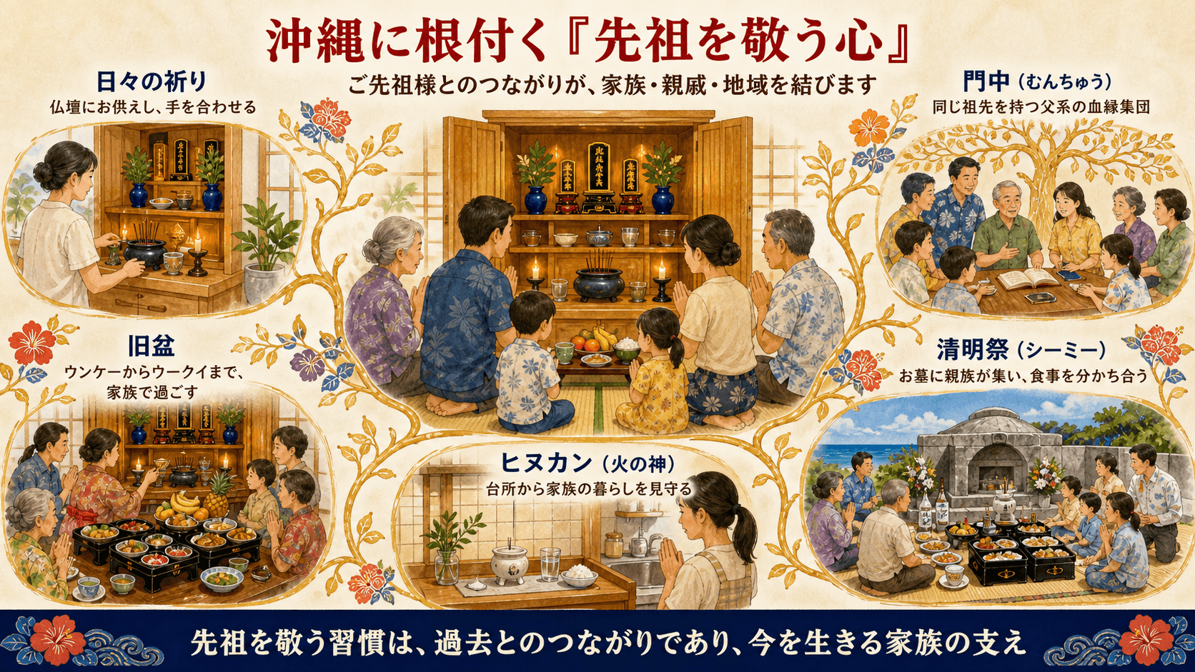 沖縄の日々の祈りや旧盆、門中、清明祭と先祖崇拝のつながりを紹介する図解