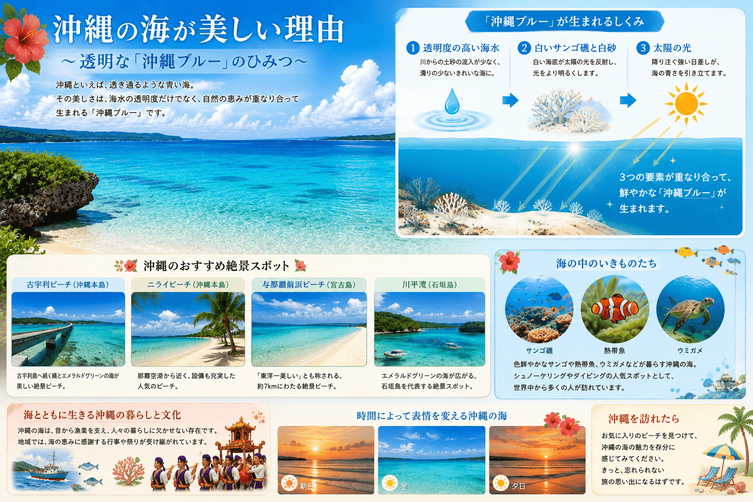 沖縄の海が青く見える理由やおすすめの絶景スポット、海の生き物をまとめたイラスト