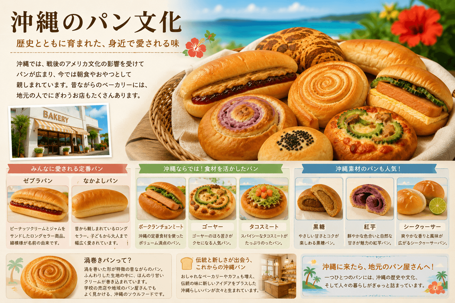 ゼブラパンやなかよしパン、うず巻パンなど沖縄のパン文化をまとめたイラスト