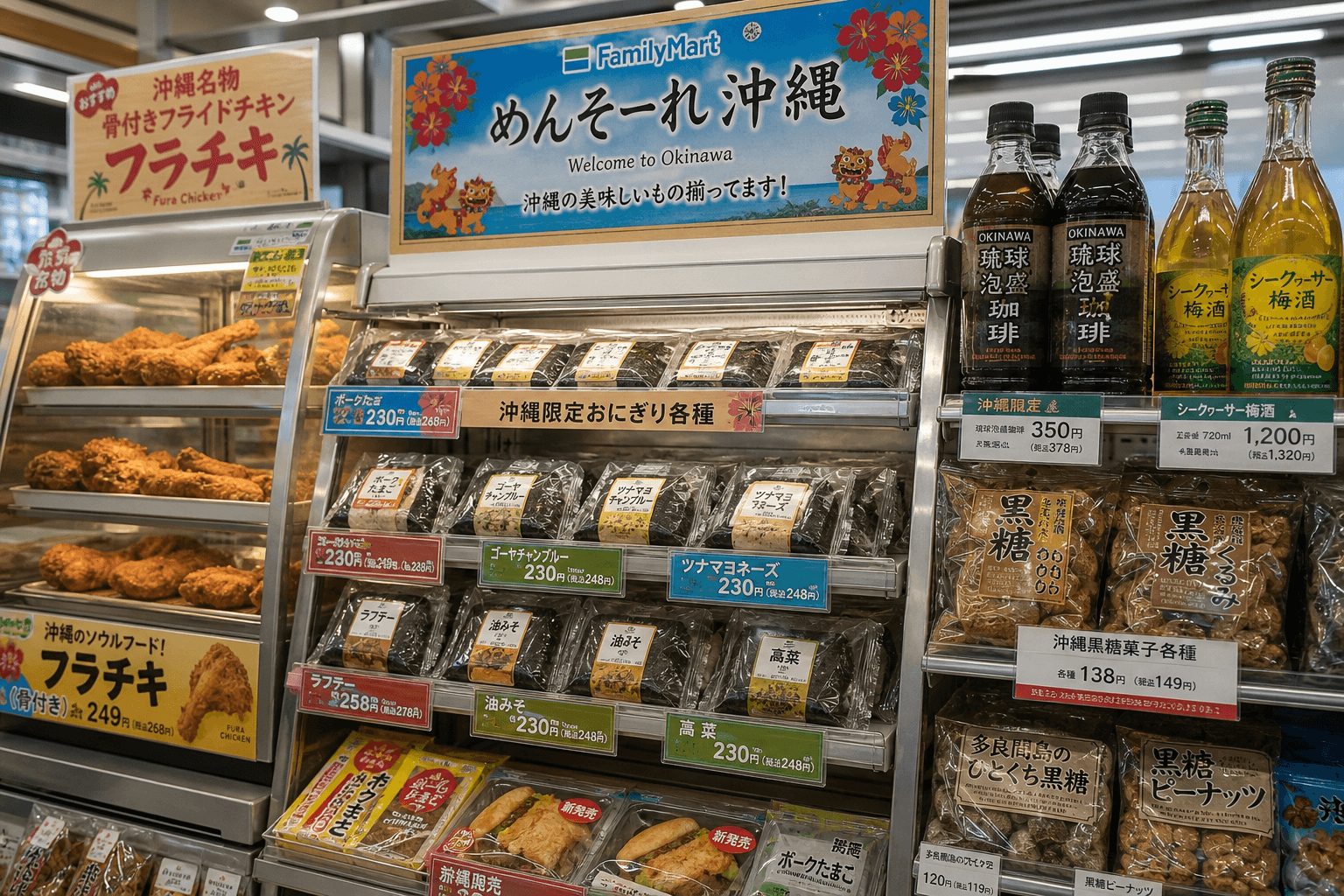 沖縄ファミリーマートのフラチキ、限定おにぎり、泡盛などが並ぶ売り場