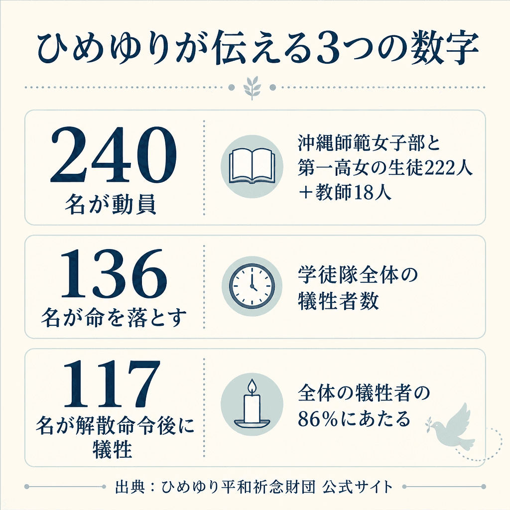 ひめゆり学徒隊の動員数と犠牲者数を伝える図解