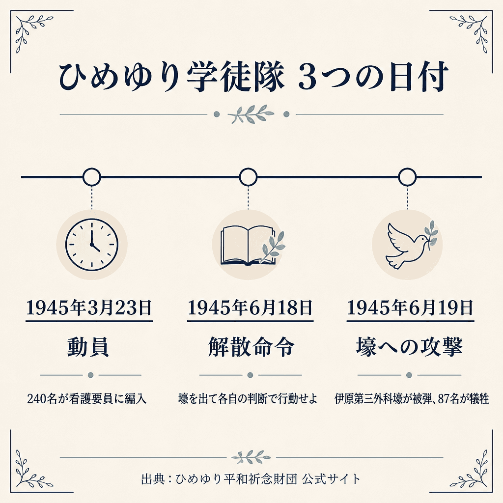 ひめゆり学徒隊の動員、解散命令、壕への攻撃を時系列で示す図解