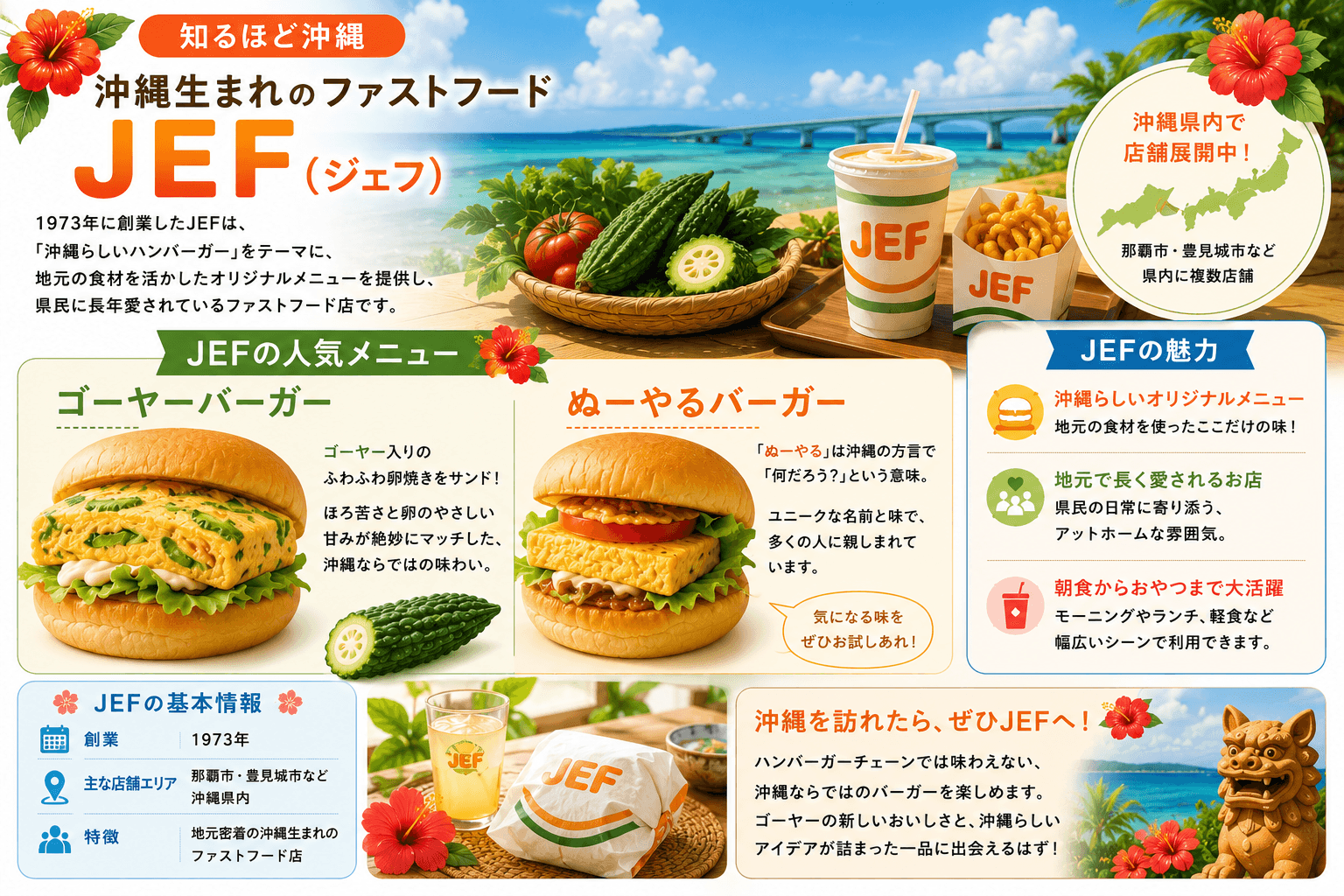 沖縄生まれのファストフード店JEFとゴーヤーバーガー、ぬーやるバーガーの魅力を紹介する図解
