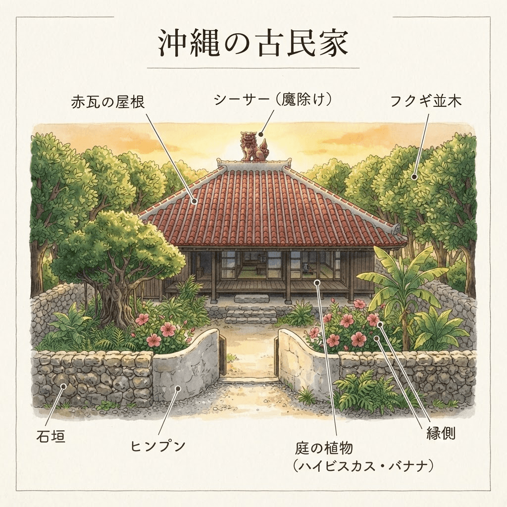 沖縄の古民家に見られる赤瓦、シーサー、フクギ並木、石垣、ヒンプンなどの特徴を紹介する図解