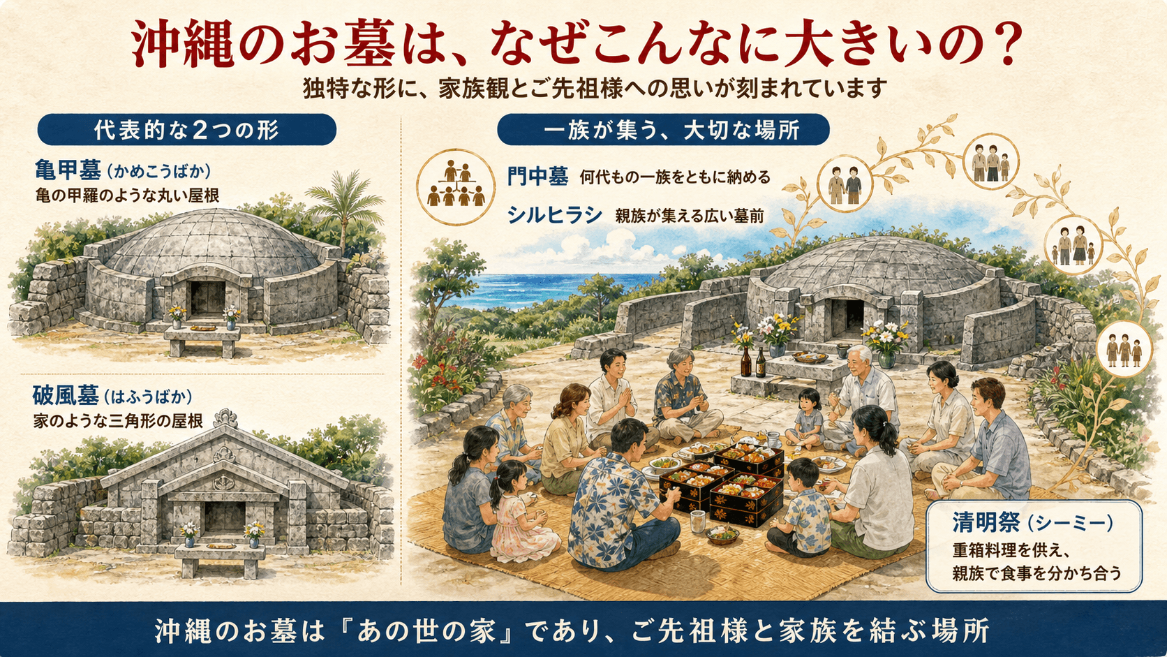沖縄の亀甲墓と破風墓、門中や清明祭との関わりを紹介する図解