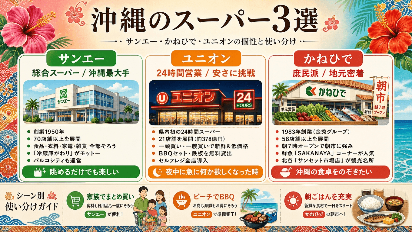 沖縄のスーパー3社の特徴と使い分けを紹介する図解