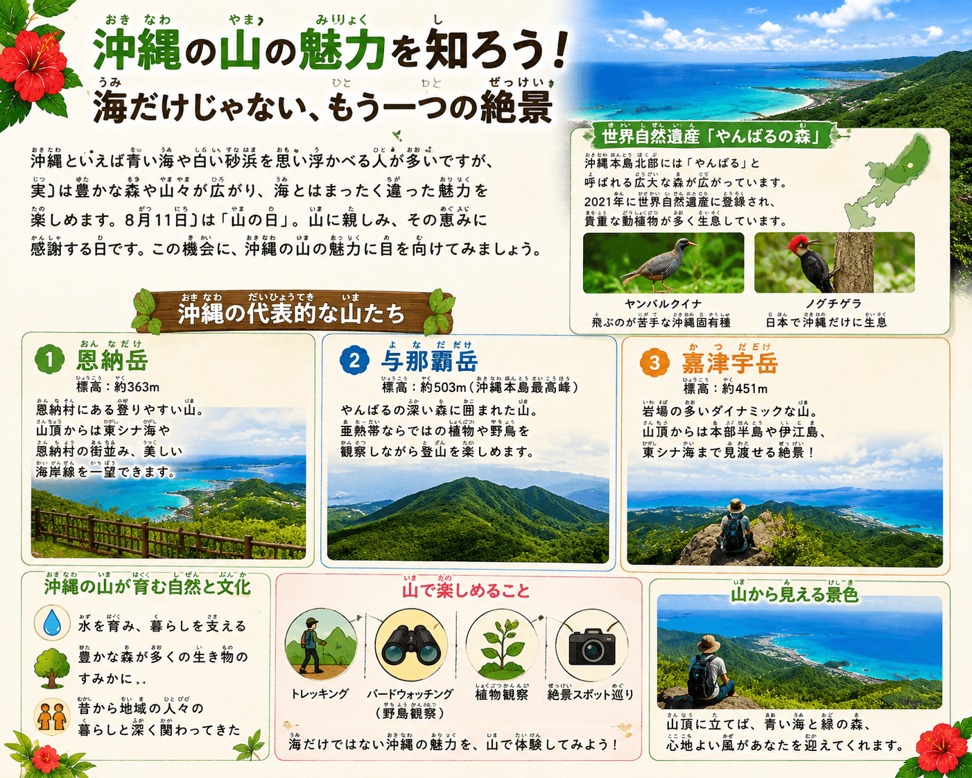 沖縄の山ややんばるの森、代表的な山の魅力をまとめたイラスト