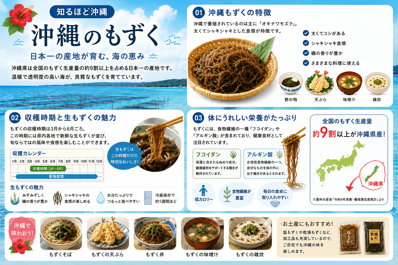 沖縄もずくの特徴や収穫時期、栄養、さまざまな料理を紹介する図解