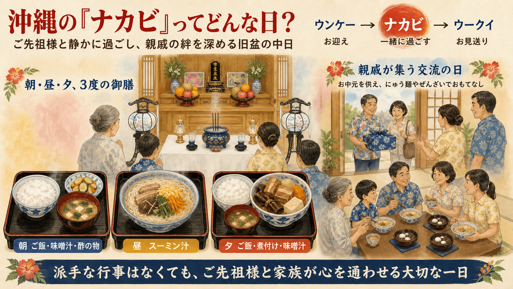 ナカビに供える朝昼夕の御膳と親戚同士の交流を紹介する図解