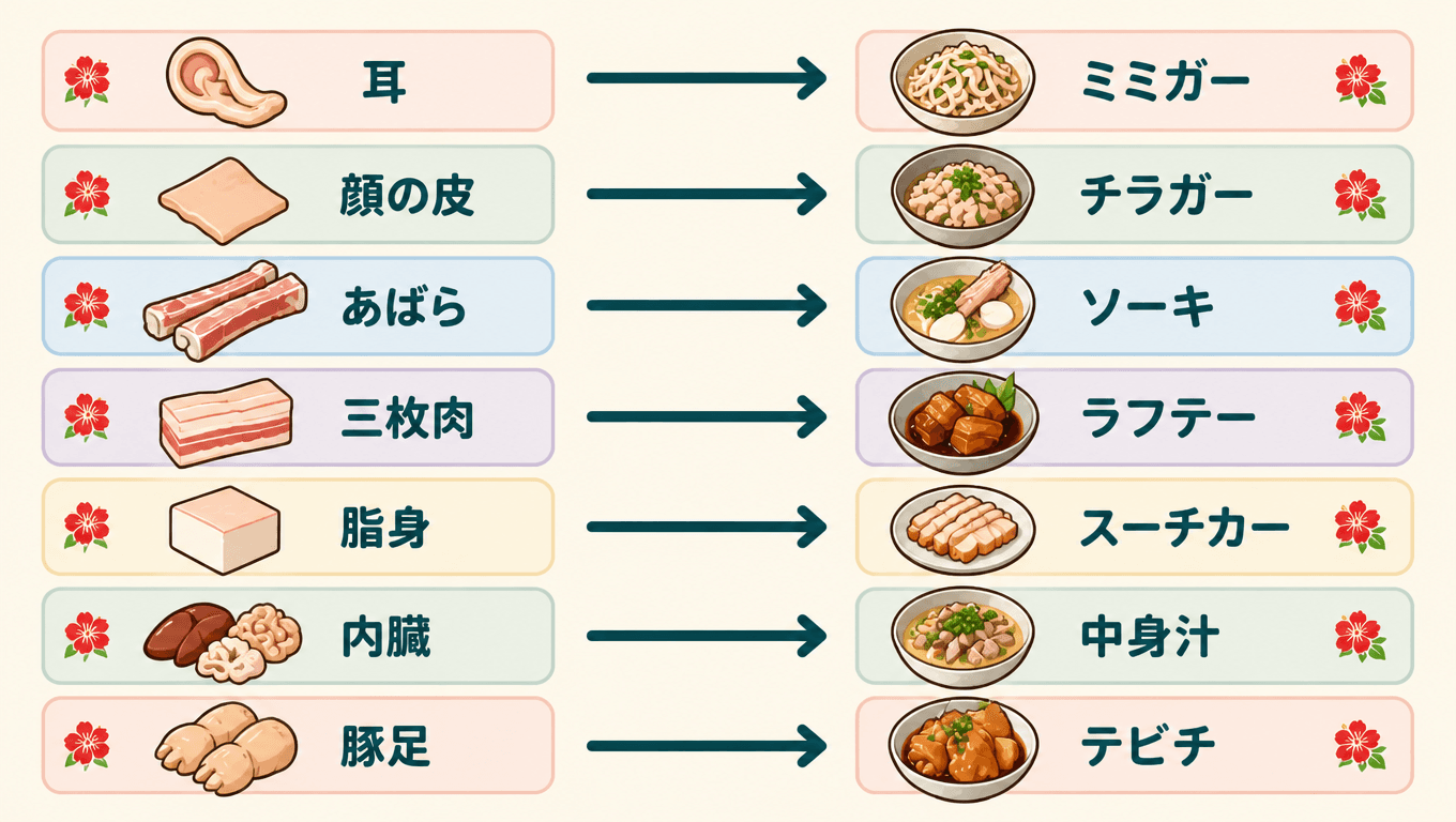 豚の部位と沖縄料理の対応を紹介する図解