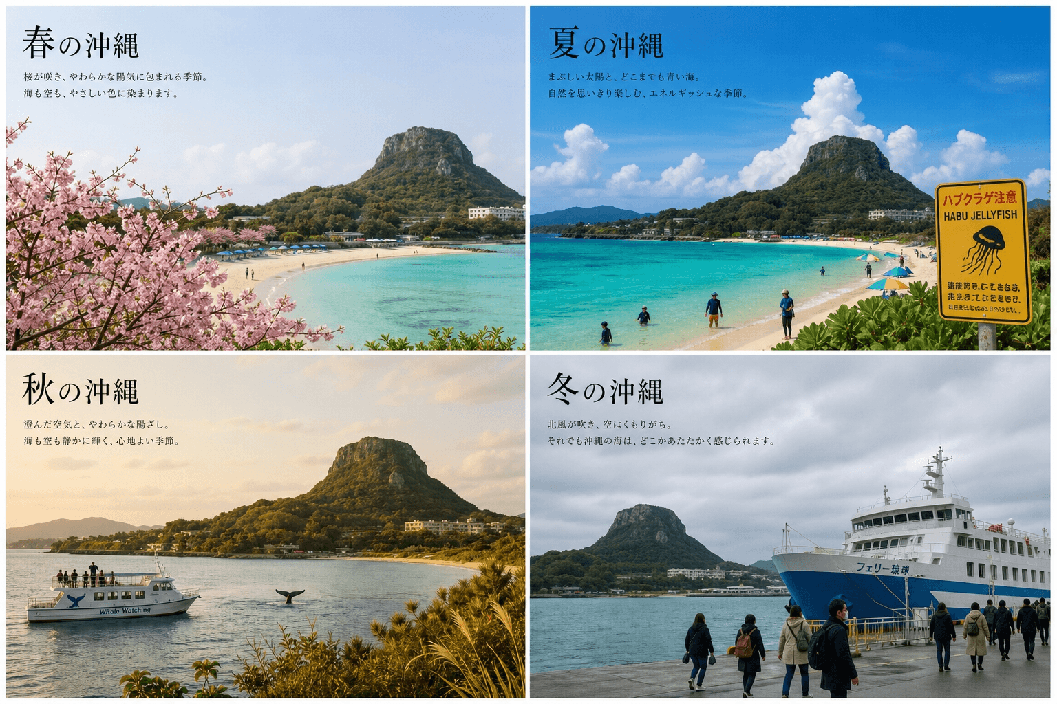 春夏秋冬の沖縄の海と、夏のハブクラゲ・冬のフェリーを紹介する比較ビジュアル