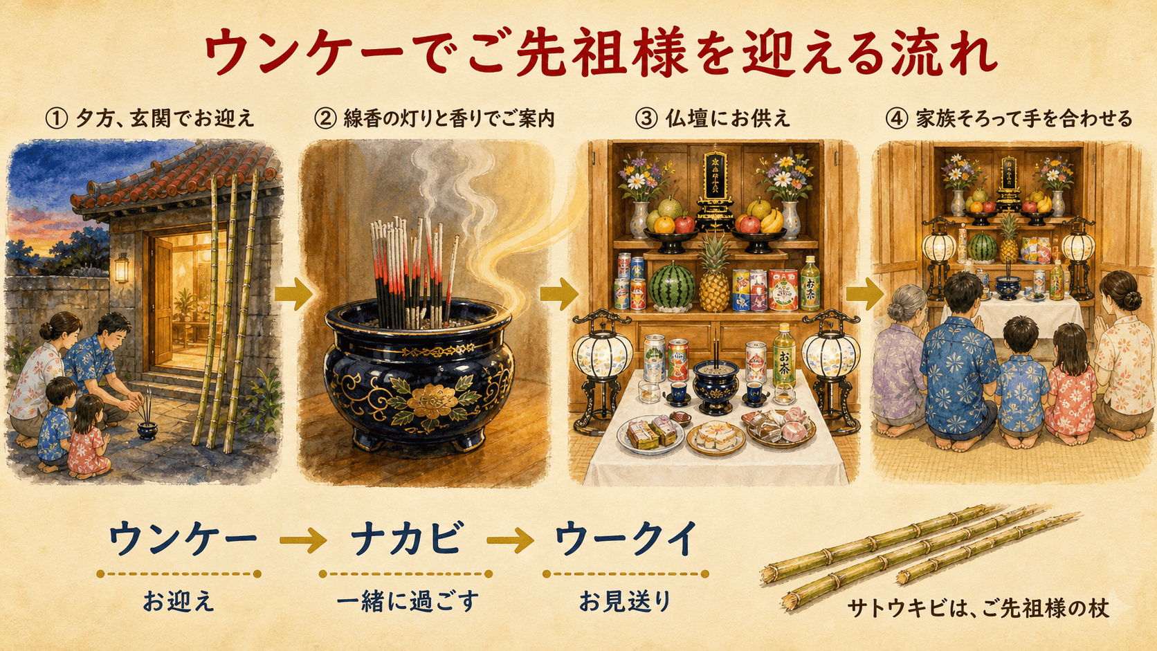 ウンケーでご先祖様を迎える流れとサトウキビに込められた意味を紹介する図解