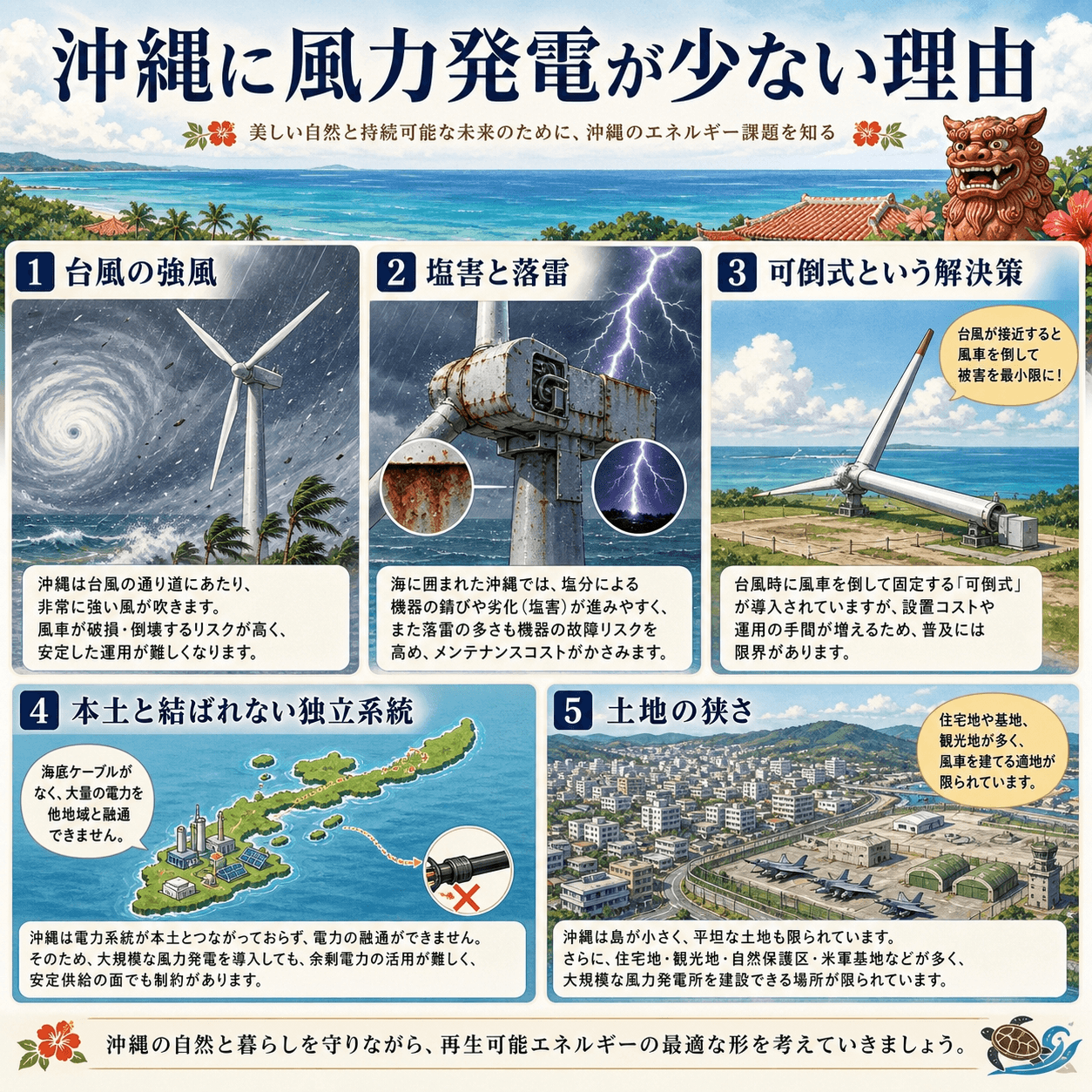 沖縄の風力発電を阻む台風、塩害、落雷、独立系統、土地の狭さと可倒式を紹介する図解