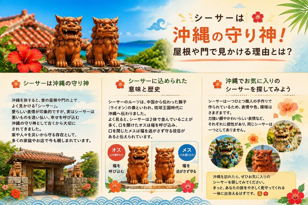 シーサーが沖縄の守り神とされる理由をまとめたイラスト